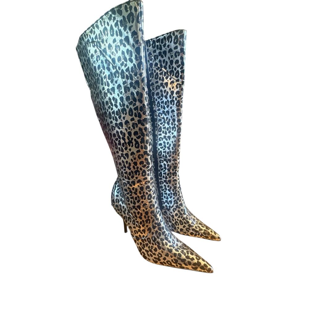 Colin Stuart Silver Metallic Leopard Print Knee-High Boots Sz 7.5.  PLEASE READ